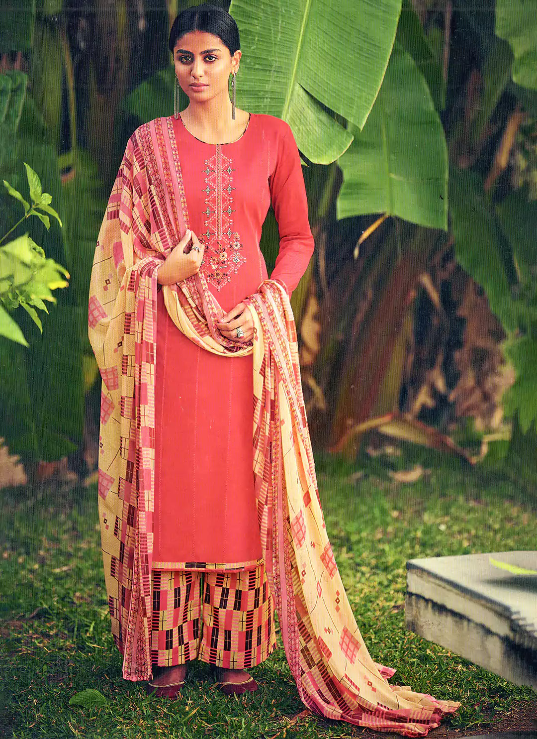 Embroidered Peach Jam Cotton Unstitched Suit Material treevesto
