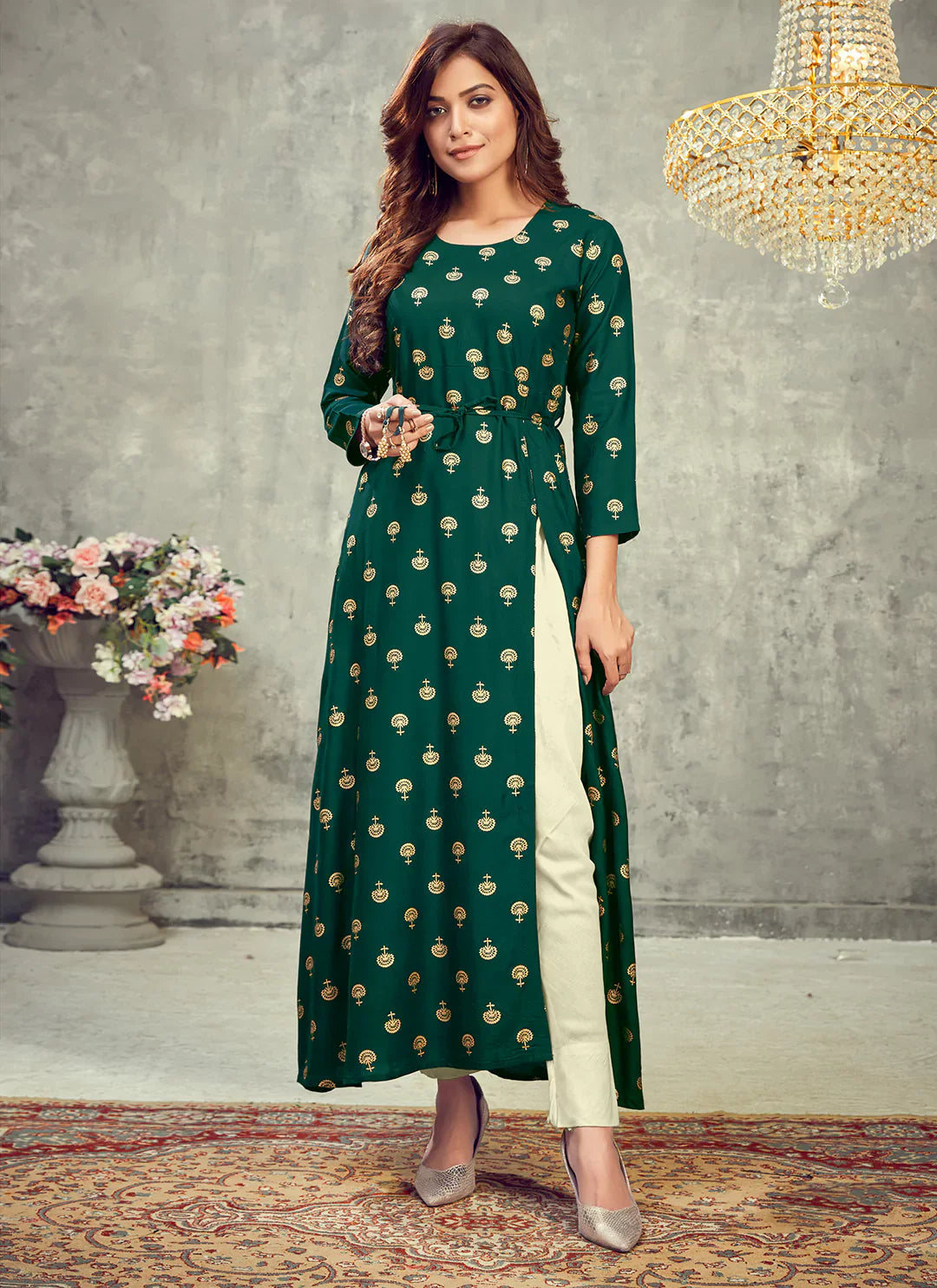 Pine Green Side Slit Designer Empire A-Line Kurta treevesto