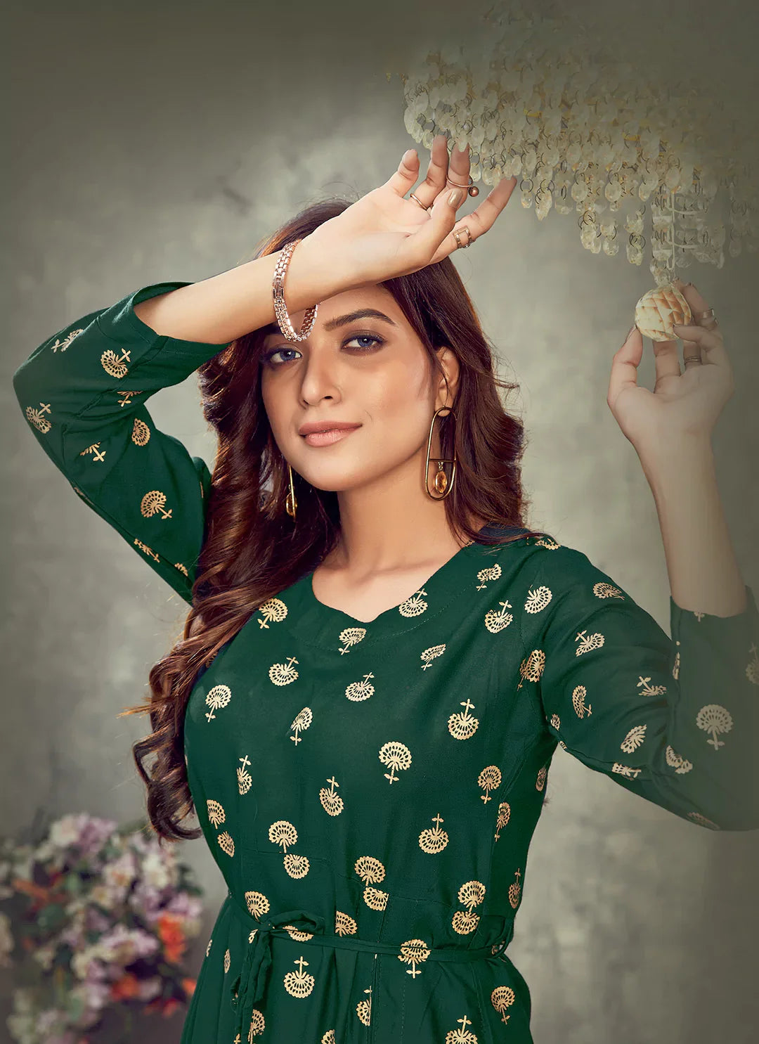 Pine Green Side Slit Designer Empire A-Line Kurta treevesto