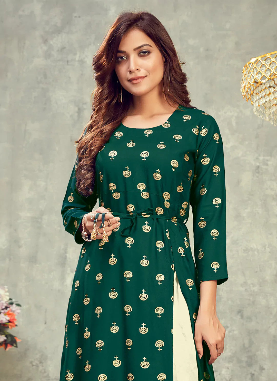 Pine Green Side Slit Designer Empire A-Line Kurta treevesto