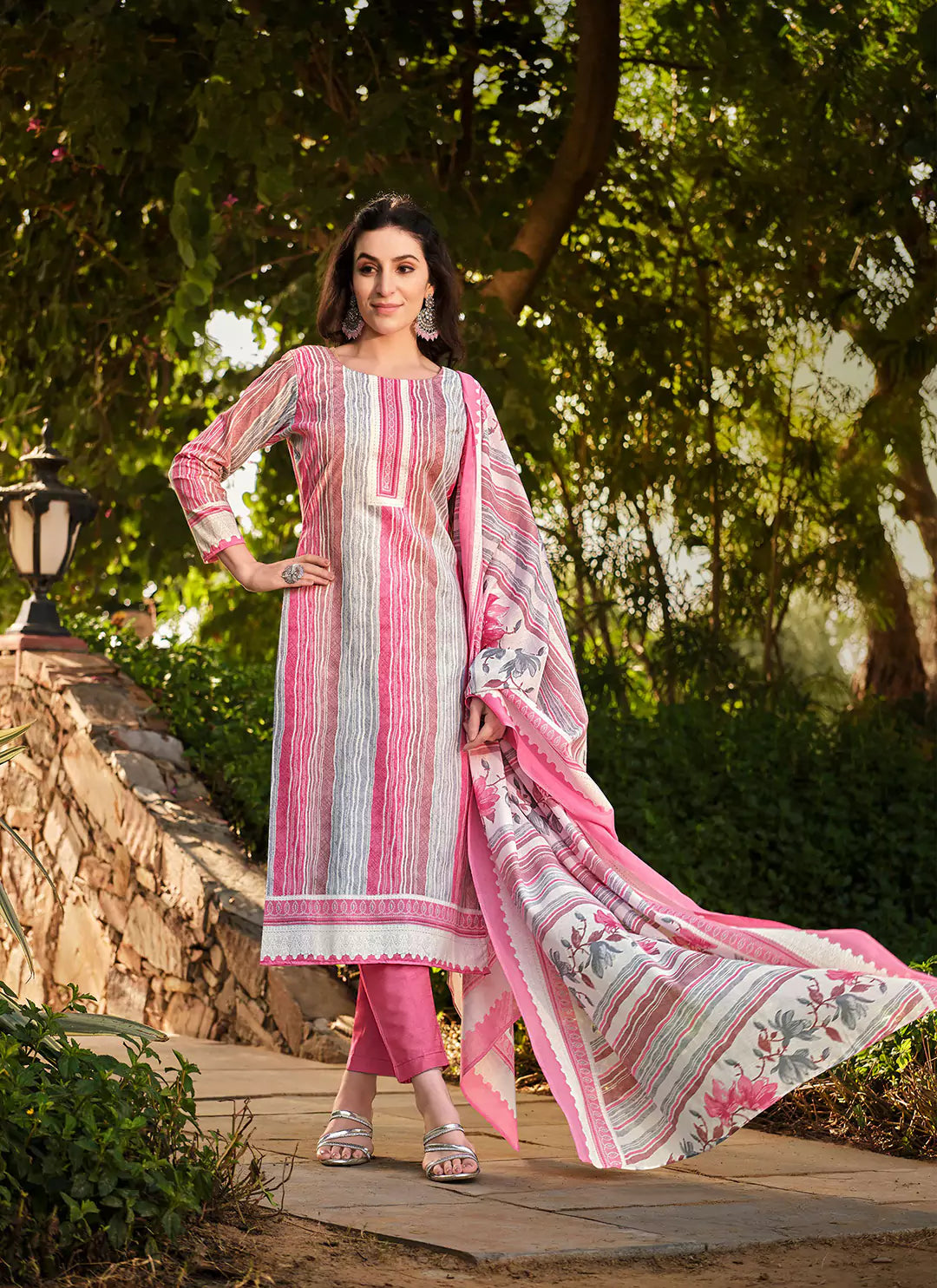 Printed Pure Cotton Pink Unstitched Suit With Mul Cotton Dupatta treevesto