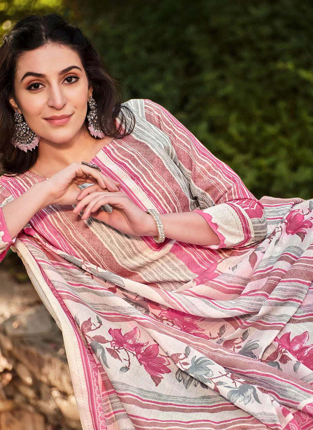 Printed Pure Cotton Pink Unstitched Suit With Mul Cotton Dupatta treevesto