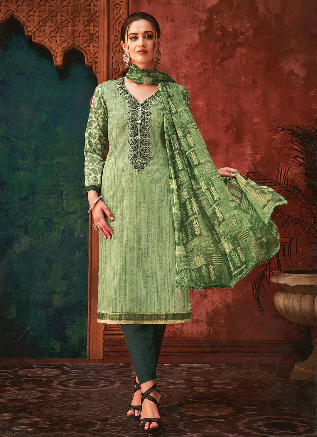 Pista Green Cambric Cotton Full Suit Set treevesto