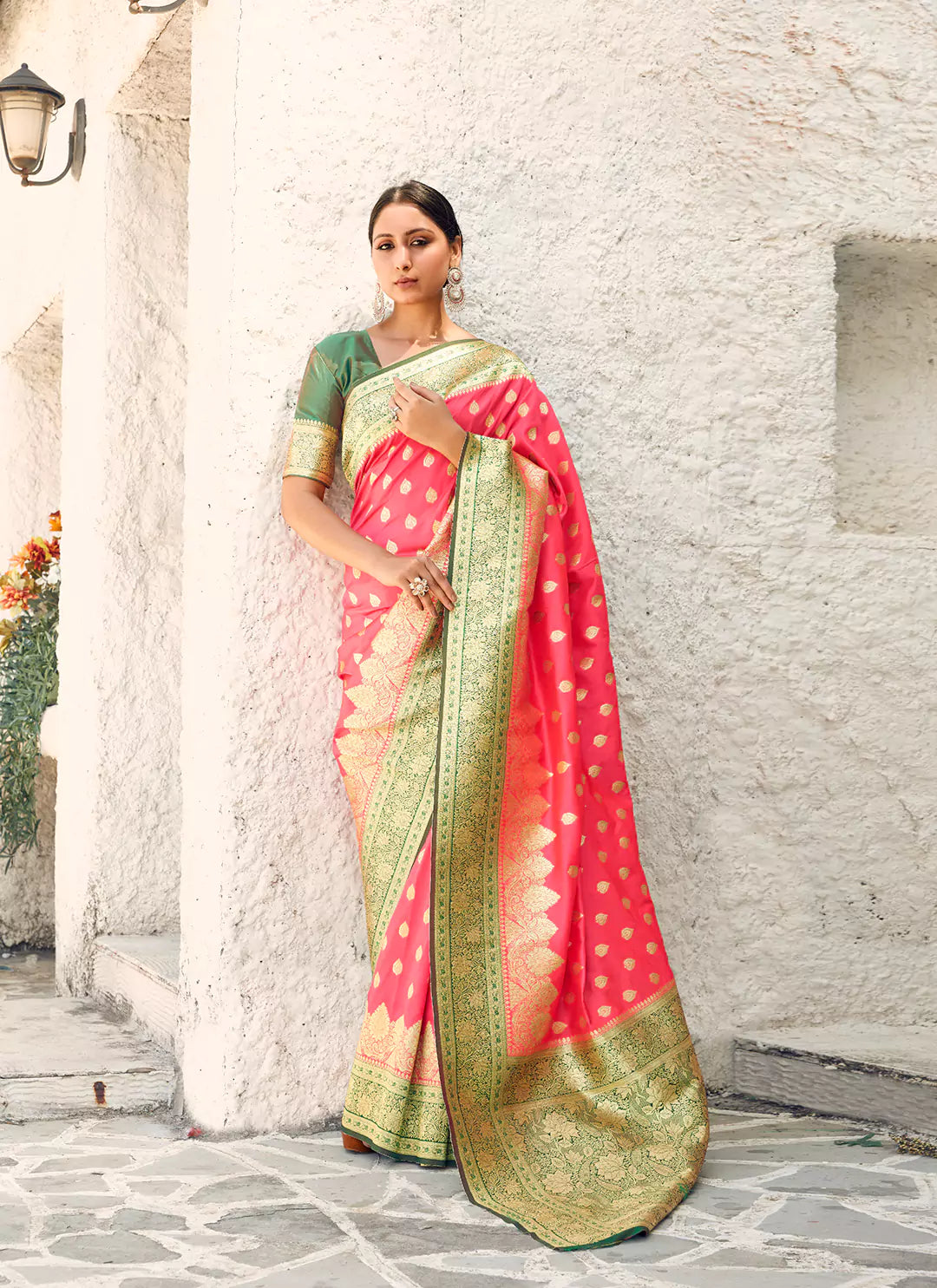 Punch Pink Banarasi Silk Saree - TREEVESTO