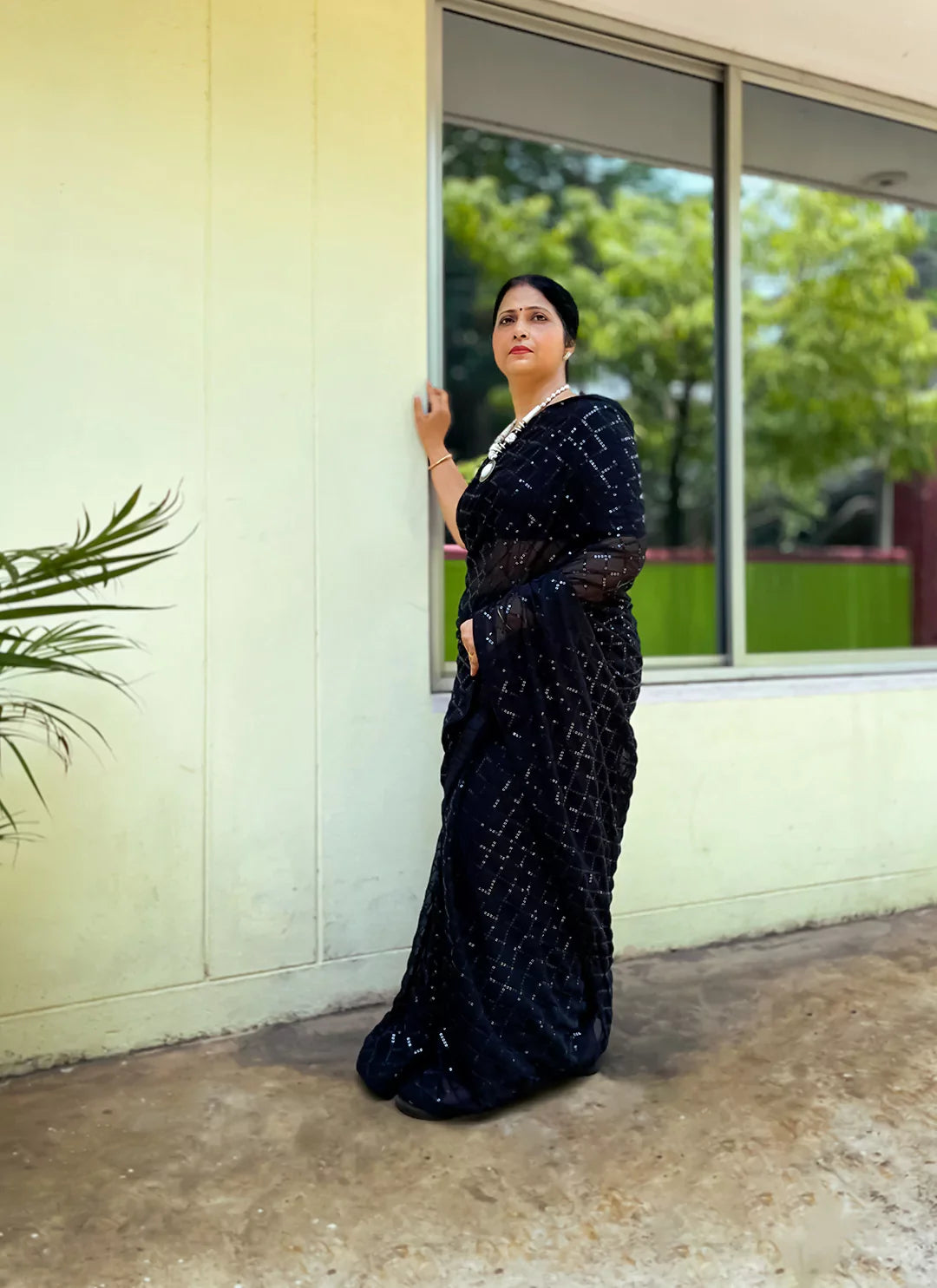 Pure Georgette Black Sequin Saree treevesto