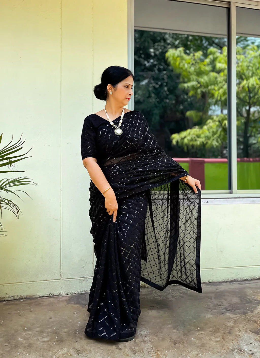 Pure Georgette Black Sequin Saree treevesto