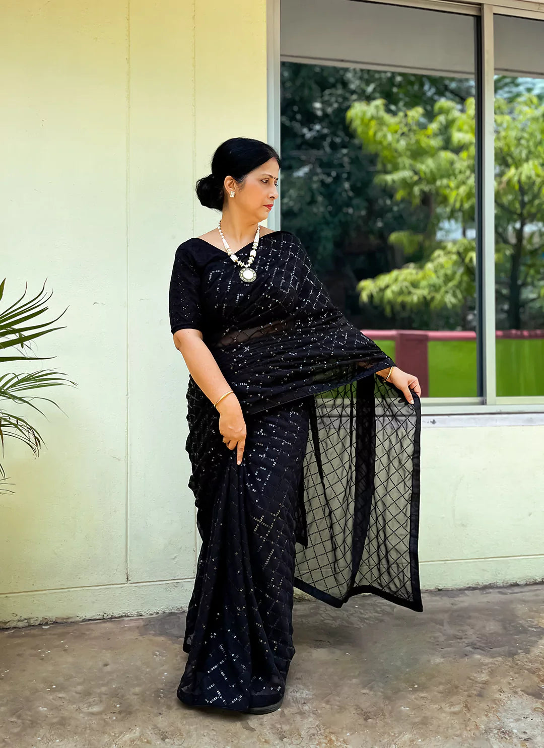 Pure Georgette Black Sequin Saree treevesto