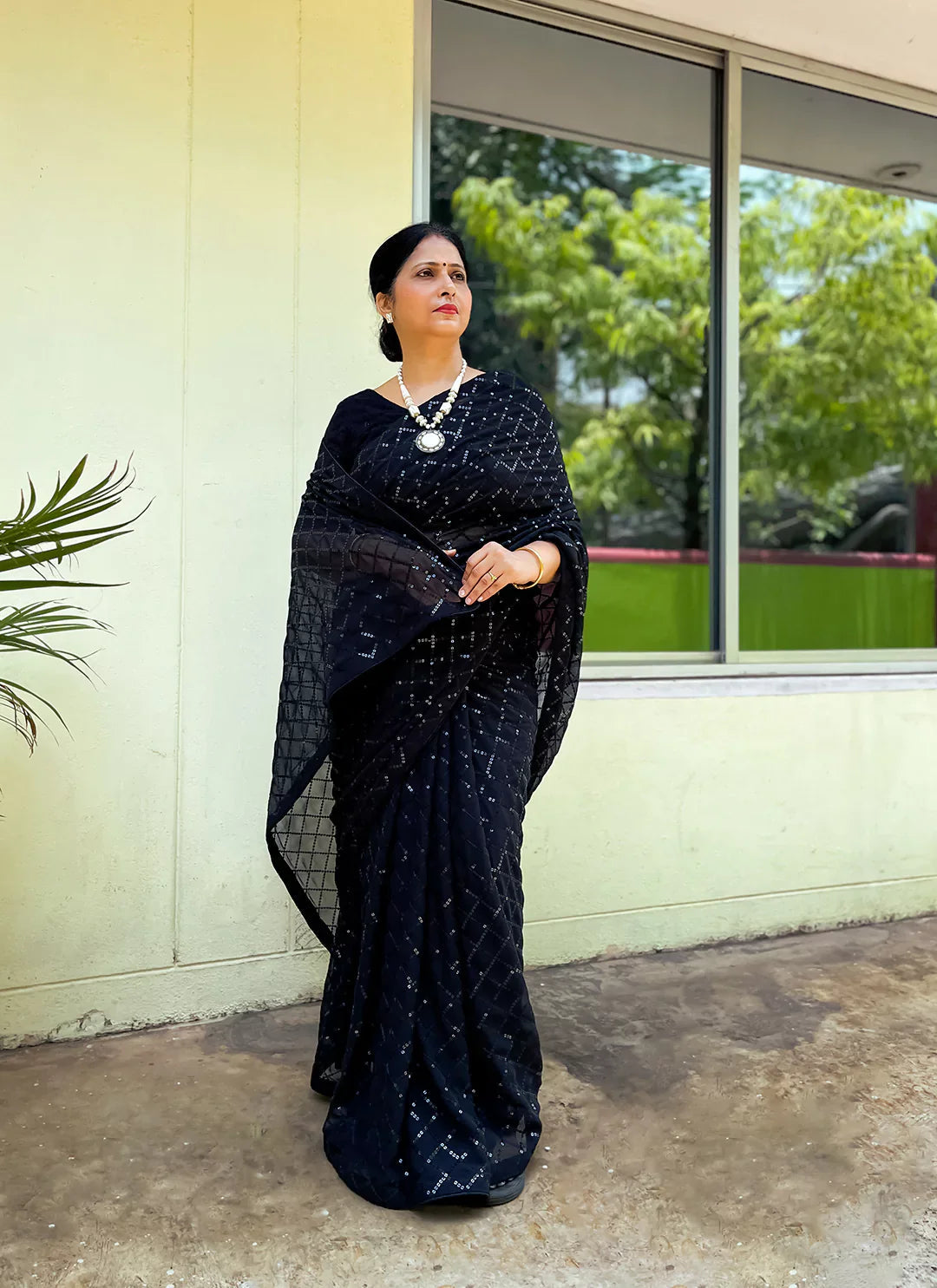 Pure Georgette Black Sequin Saree treevesto