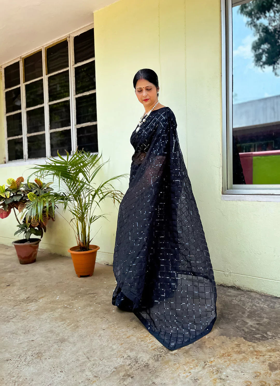 Pure Georgette Black Sequin Saree treevesto
