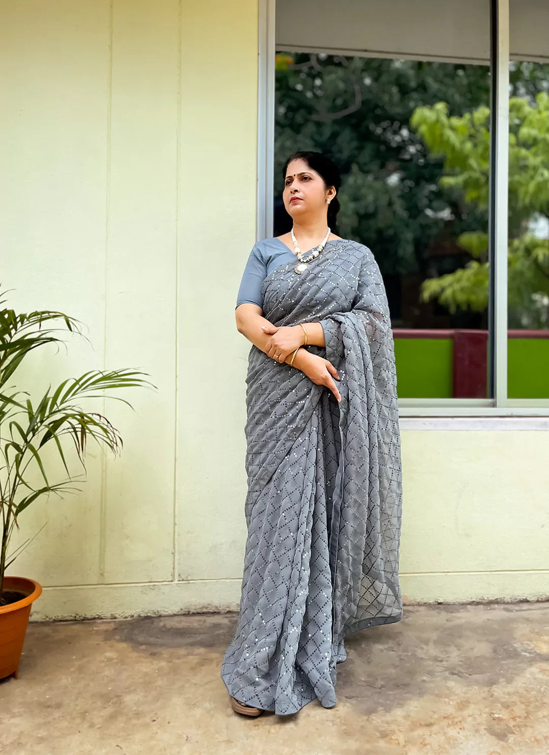 Pure Georgette Grey Sequin Saree treevesto