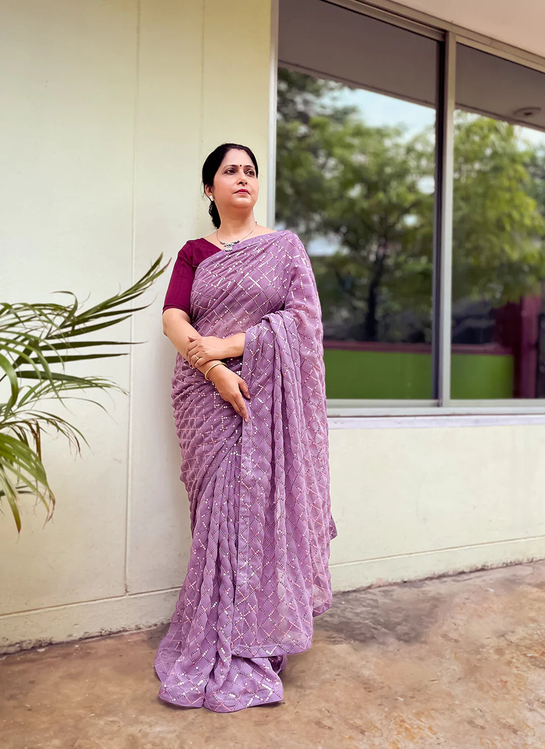 Pure Georgette Lavender Sequin Saree treevesto