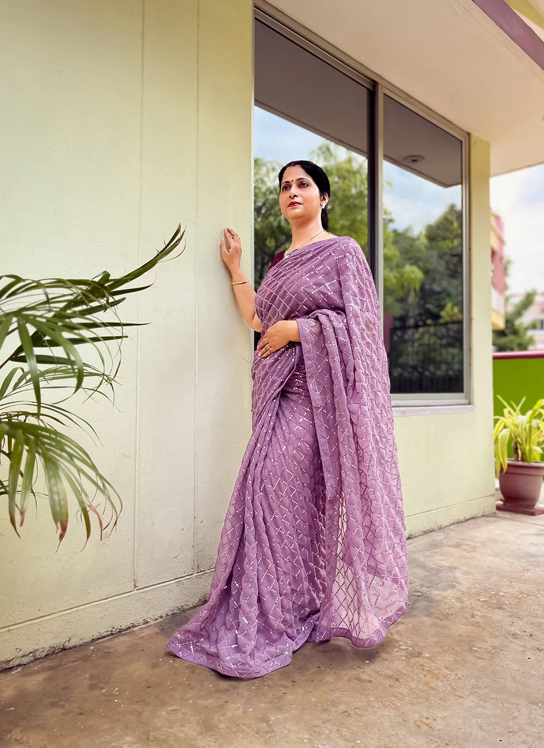 Pure Georgette Lavender Sequin Saree treevesto