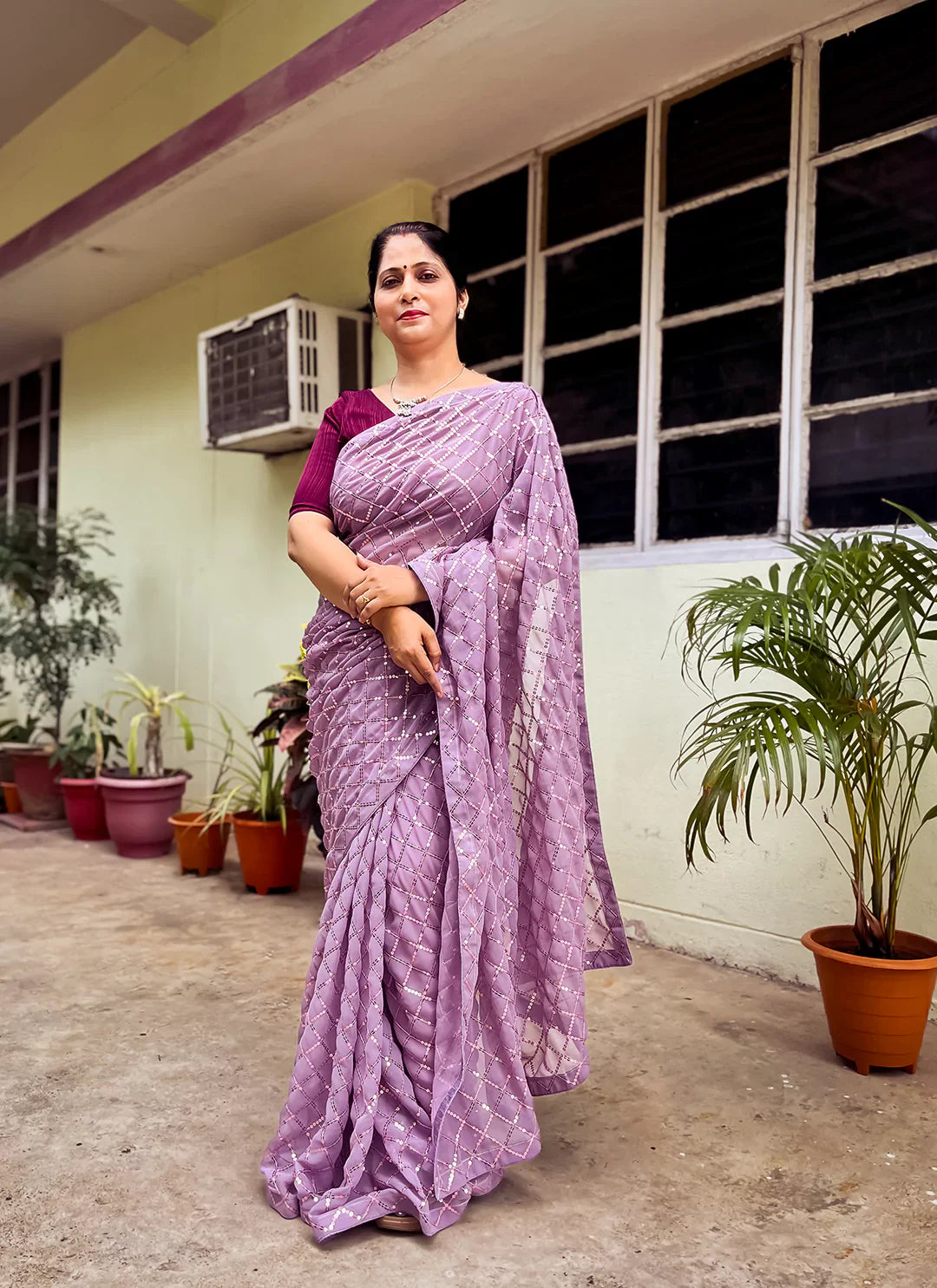 Pure Georgette Lavender Sequin Saree treevesto