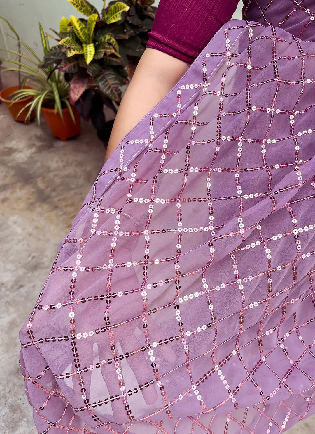 Pure Georgette Lavender Sequin Saree treevesto
