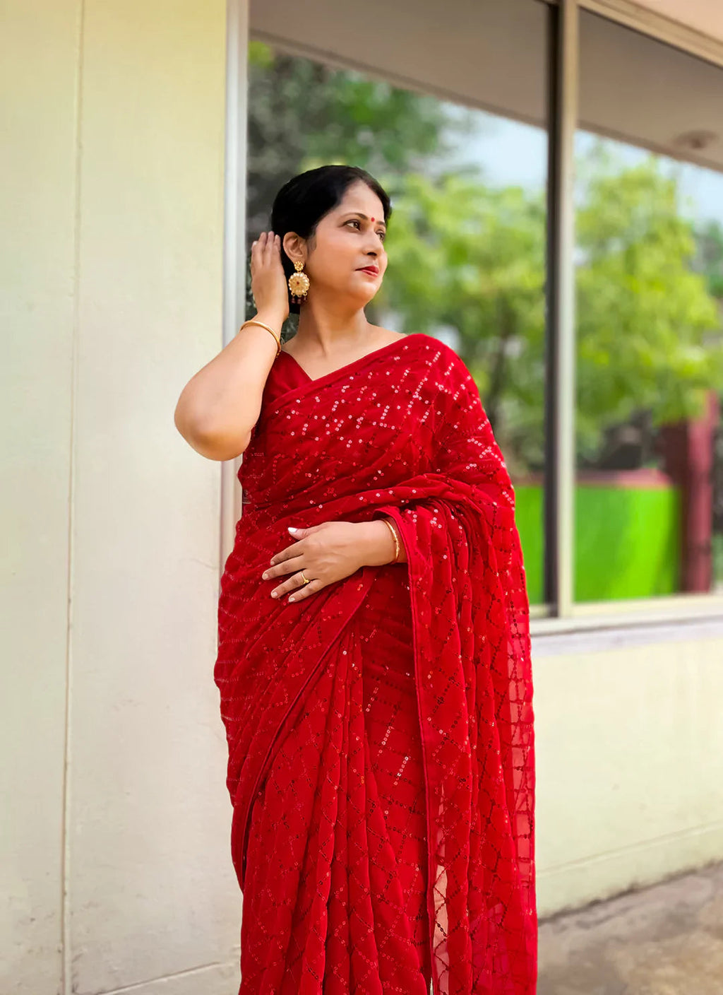 Pure Georgette Red Sequin Saree treevesto