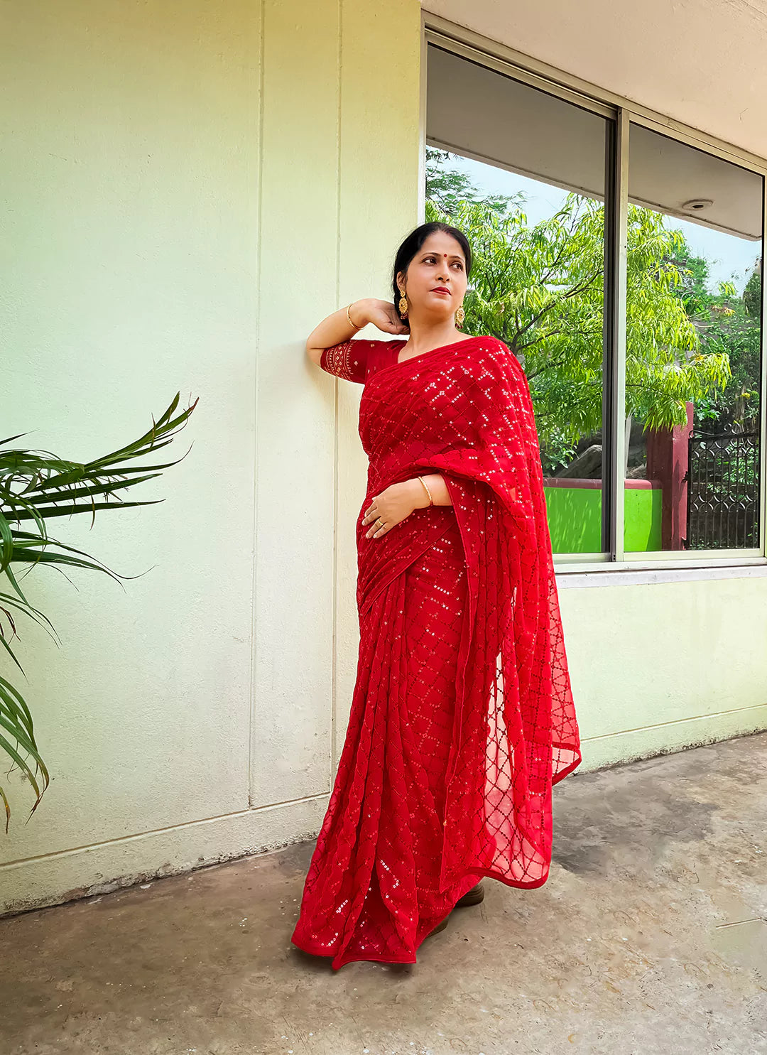 Pure Georgette Red Sequin Saree treevesto