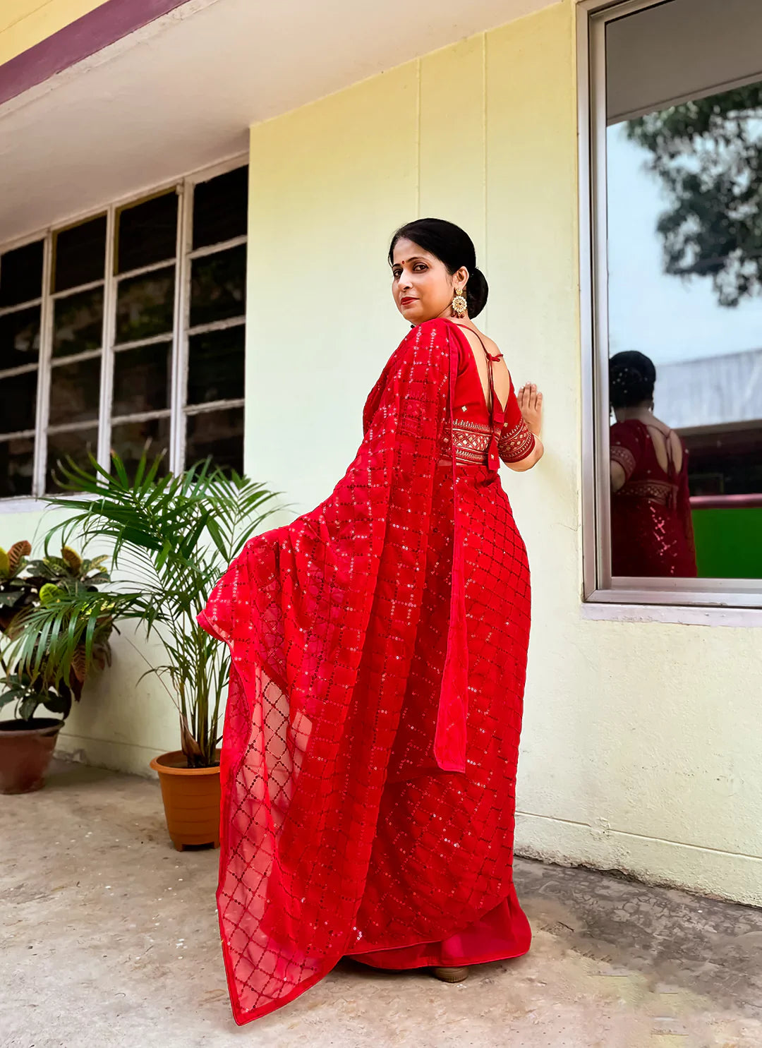 Pure Georgette Red Sequin Saree treevesto