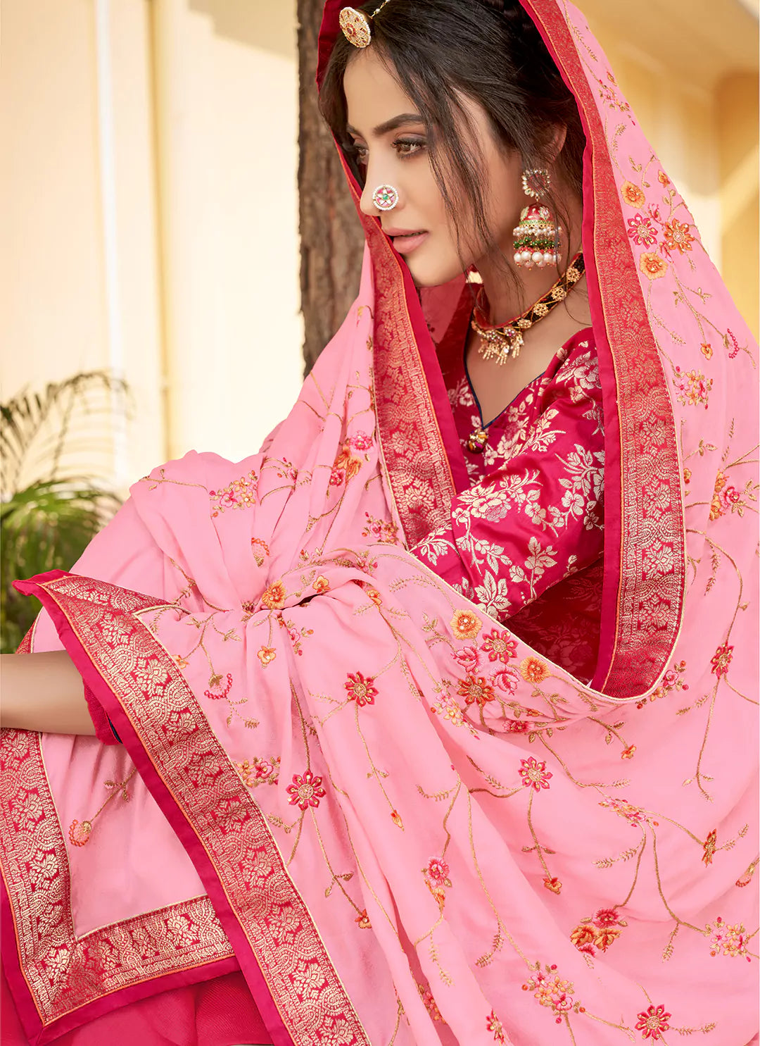 Rani Color Banarasi Silk Unstitched Suit With Heavy Work Dupatta treevesto