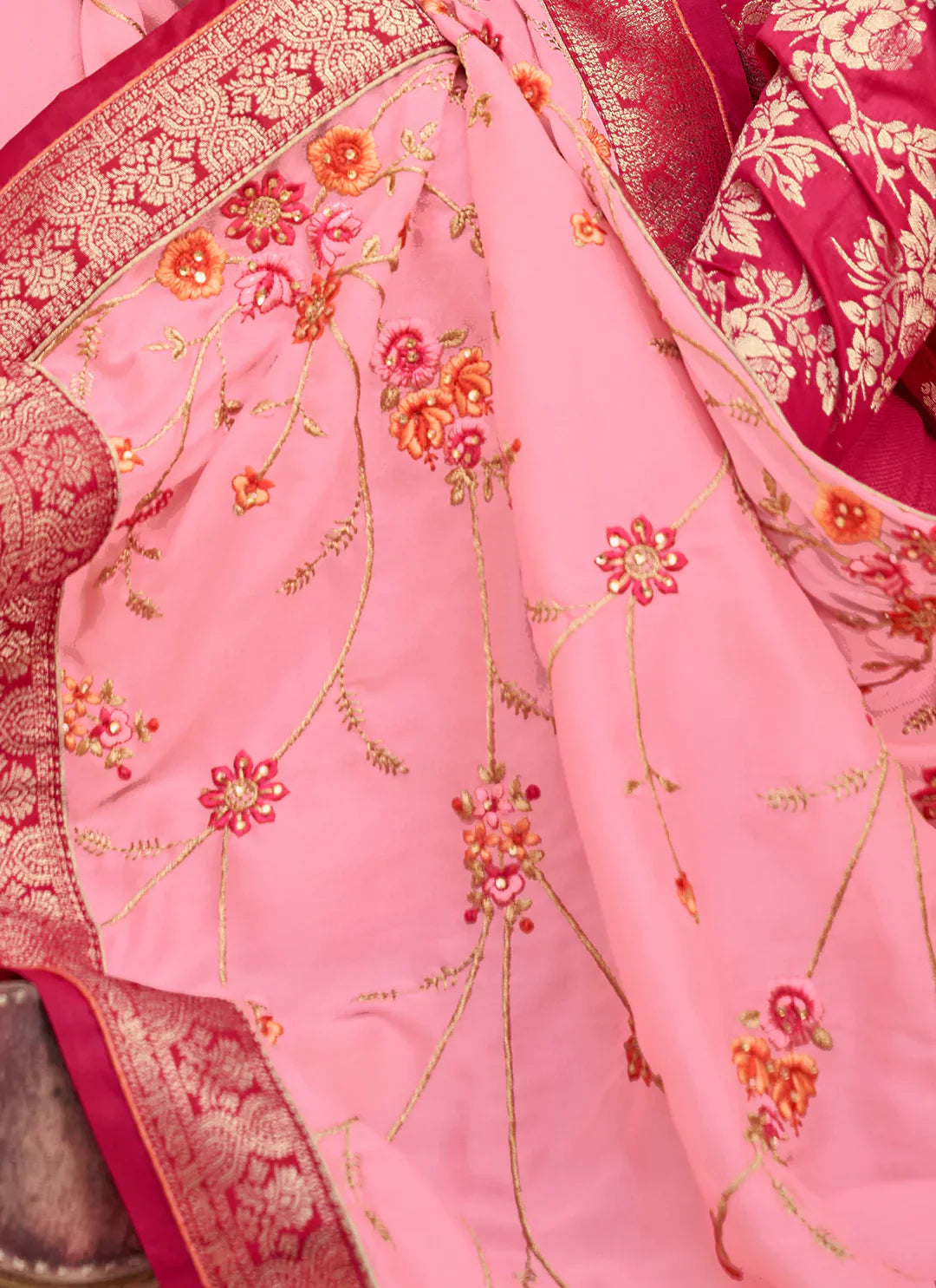 Rani Color Banarasi Silk Unstitched Suit With Heavy Work Dupatta treevesto