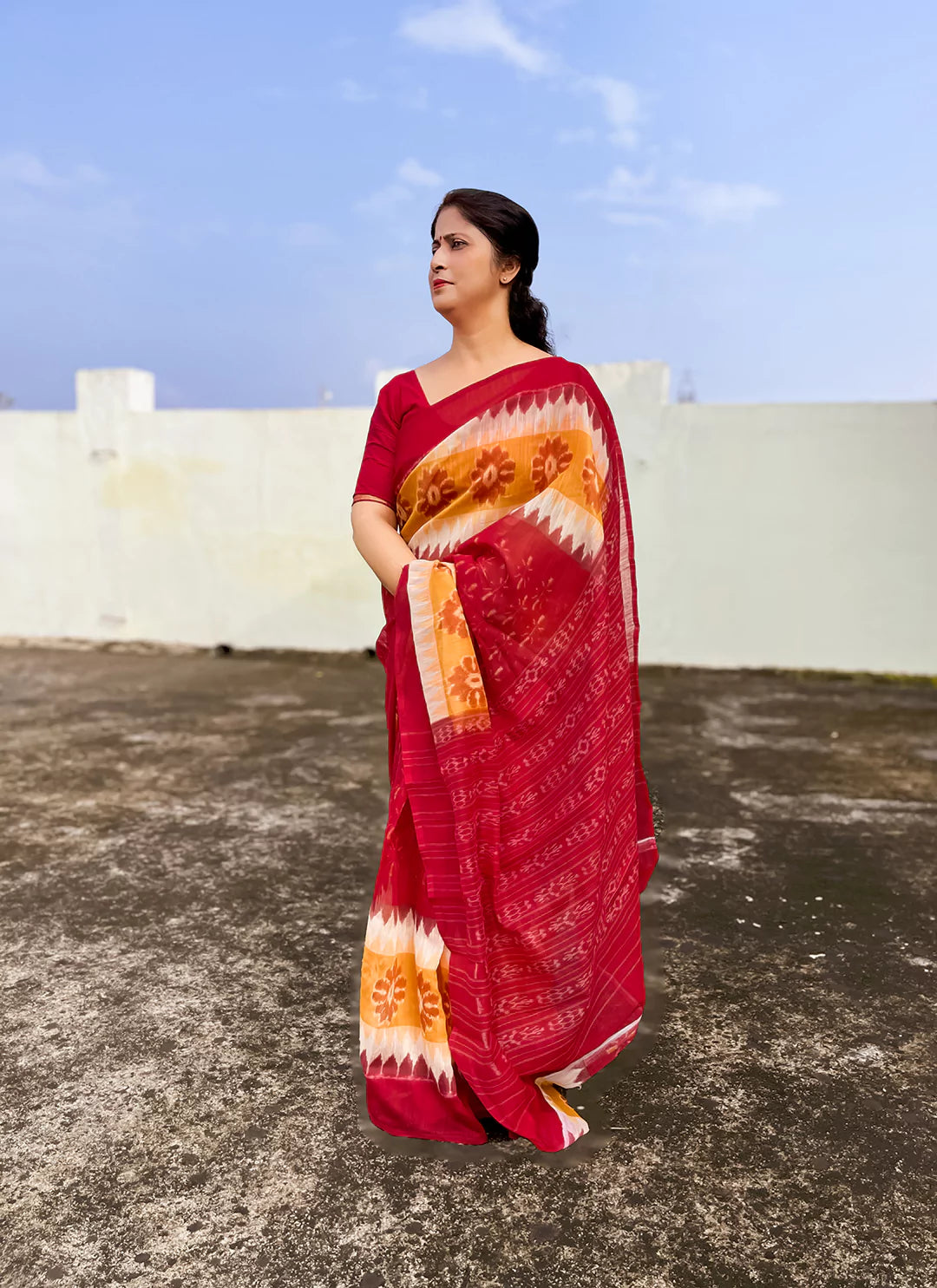 Red & Yellow Cotton Blend Saree - TREEVESTO