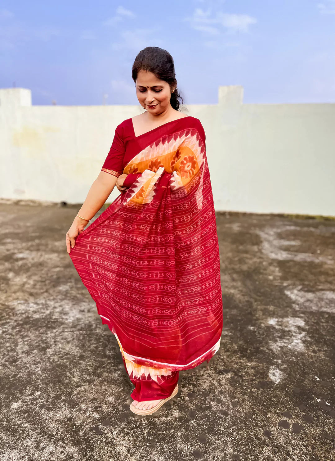Red & Yellow Cotton Blend Saree - TREEVESTO