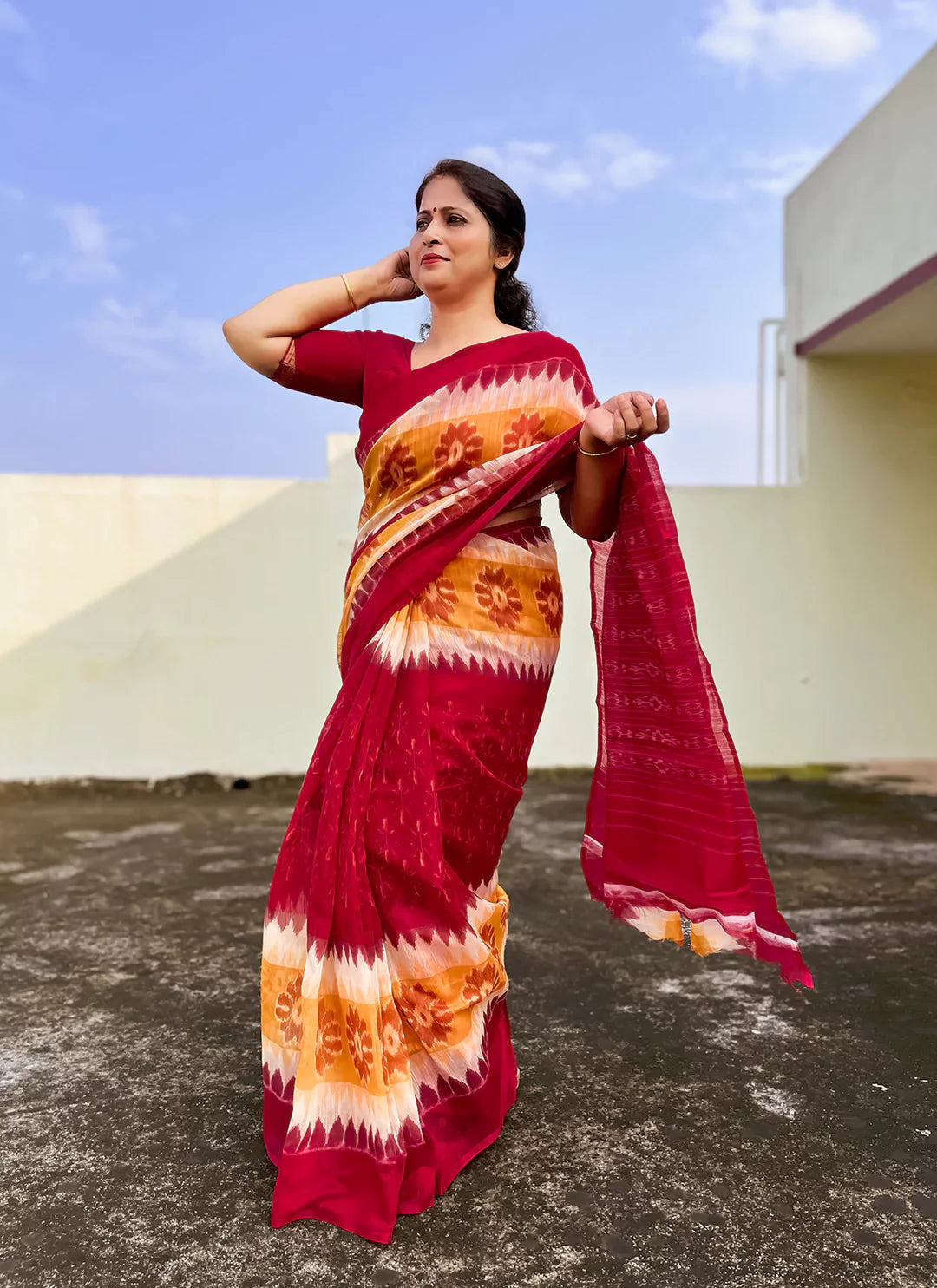Red & Yellow Cotton Blend Saree - TREEVESTO