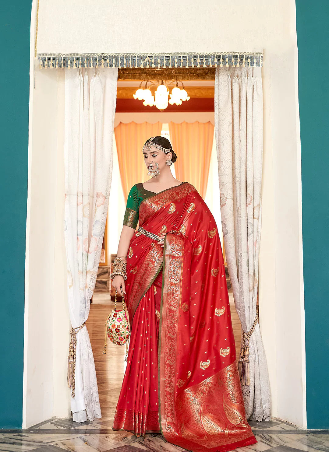 Red Banarasi Silk Saree With Antique Zari Work Paisley Motifs treevesto