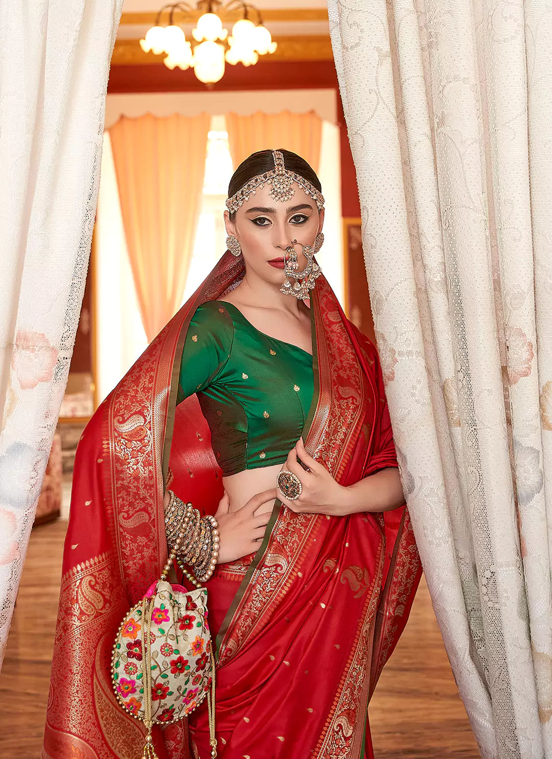 Red Banarasi Silk Saree With Antique Zari Work Paisley Motifs treevesto