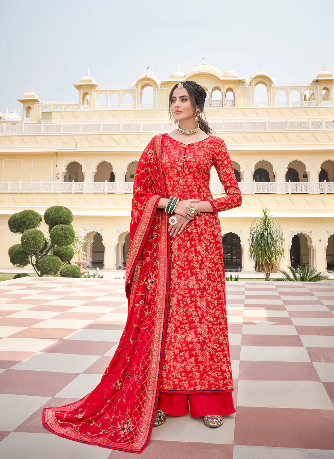 Red Banarasi Silk Unstitched Suit With Heavy Work Dupatta treevesto