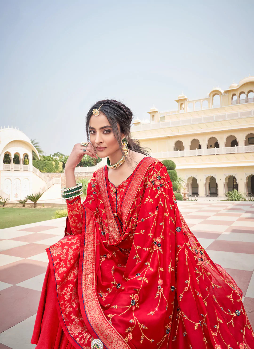 Red Banarasi Silk Unstitched Suit With Heavy Work Dupatta treevesto
