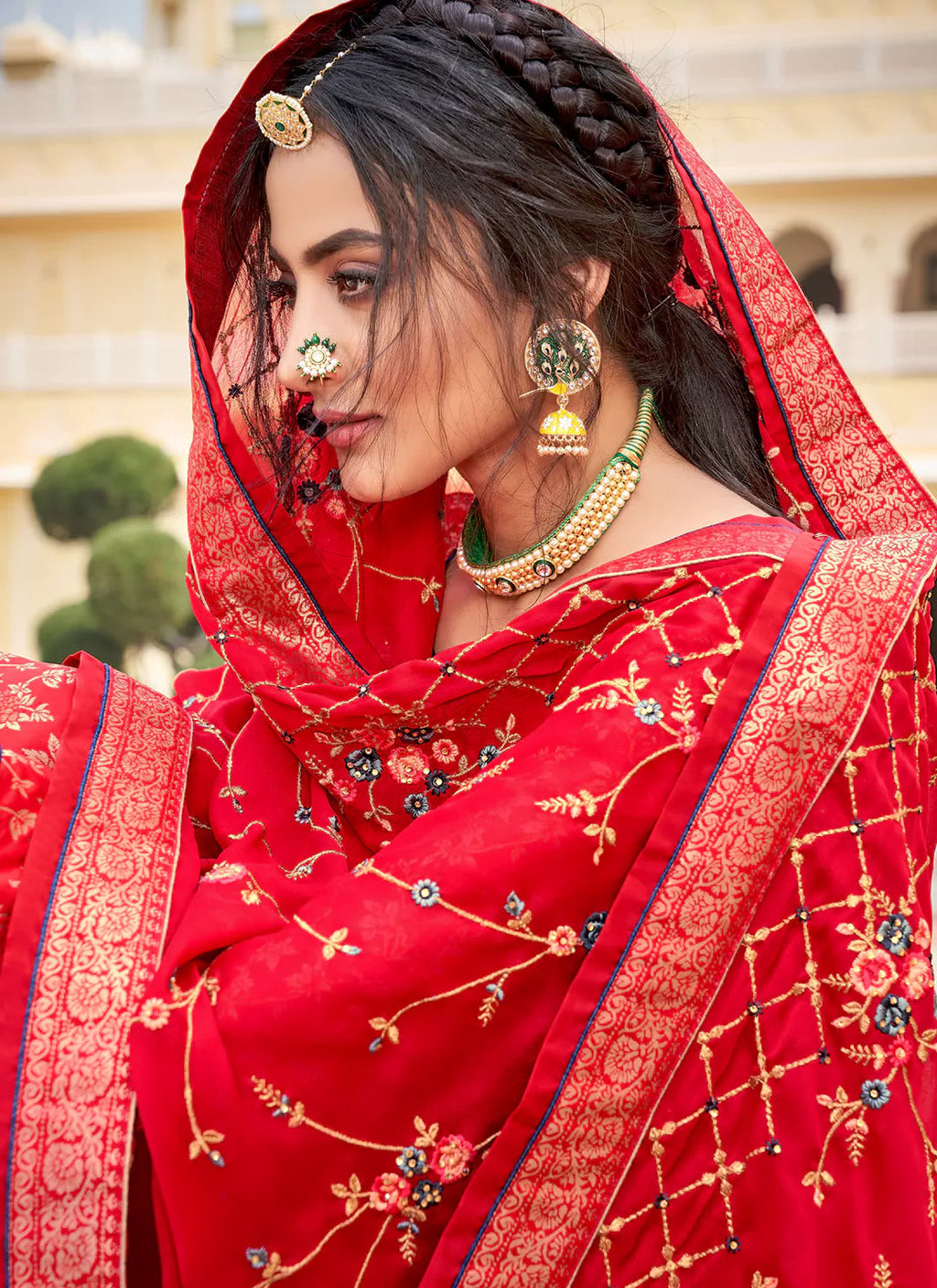 Red Banarasi Silk Unstitched Suit With Heavy Work Dupatta treevesto