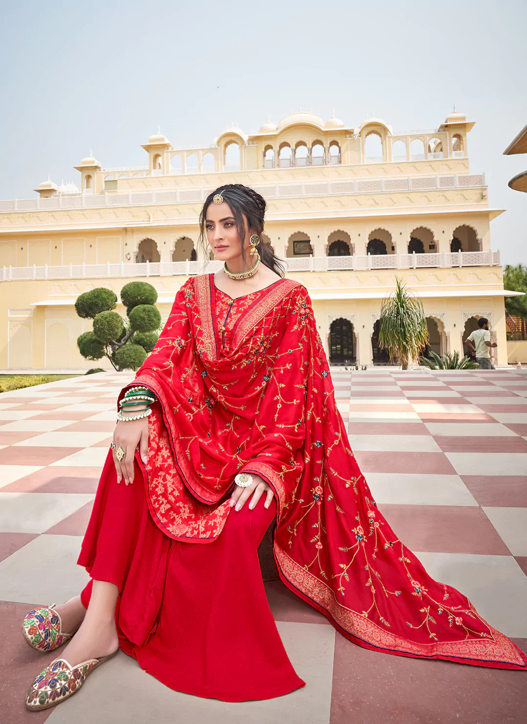 Red Banarasi Silk Unstitched Suit With Heavy Work Dupatta treevesto