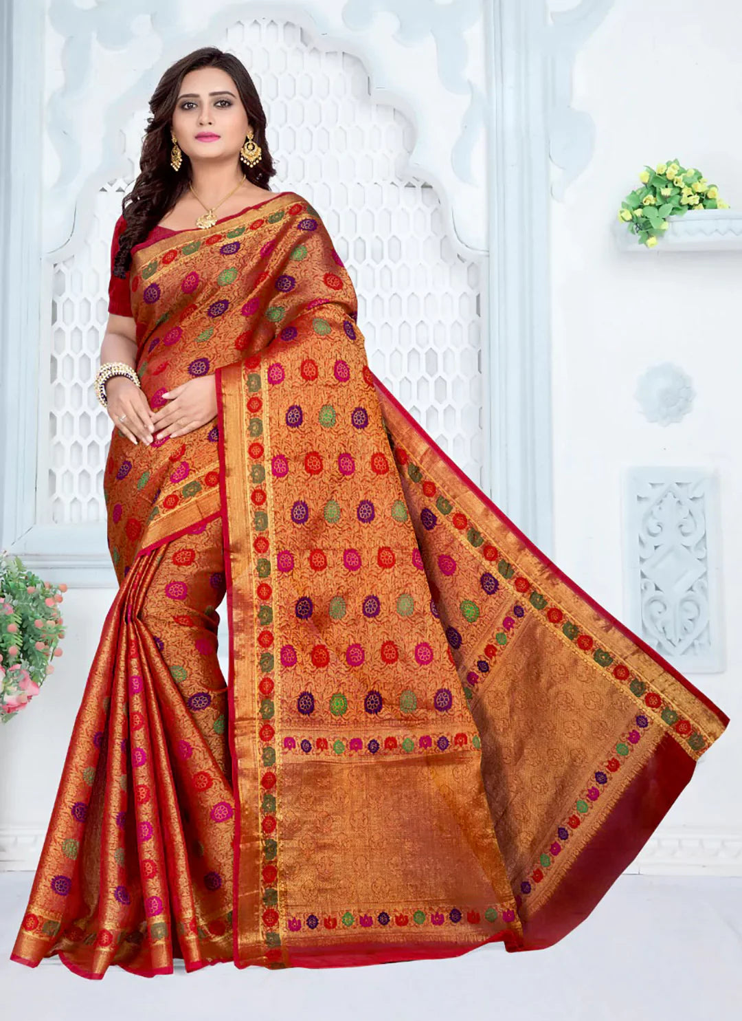 Red Chanderi Brocade Saree With Meenakari Work - TREEVESTO
