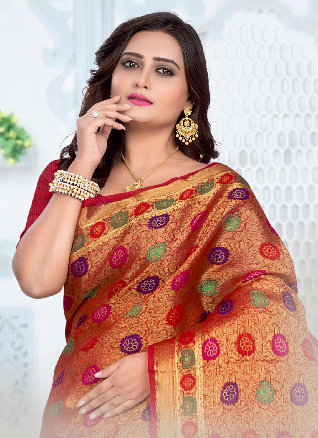Red Chanderi Brocade Saree With Meenakari Work - TREEVESTO