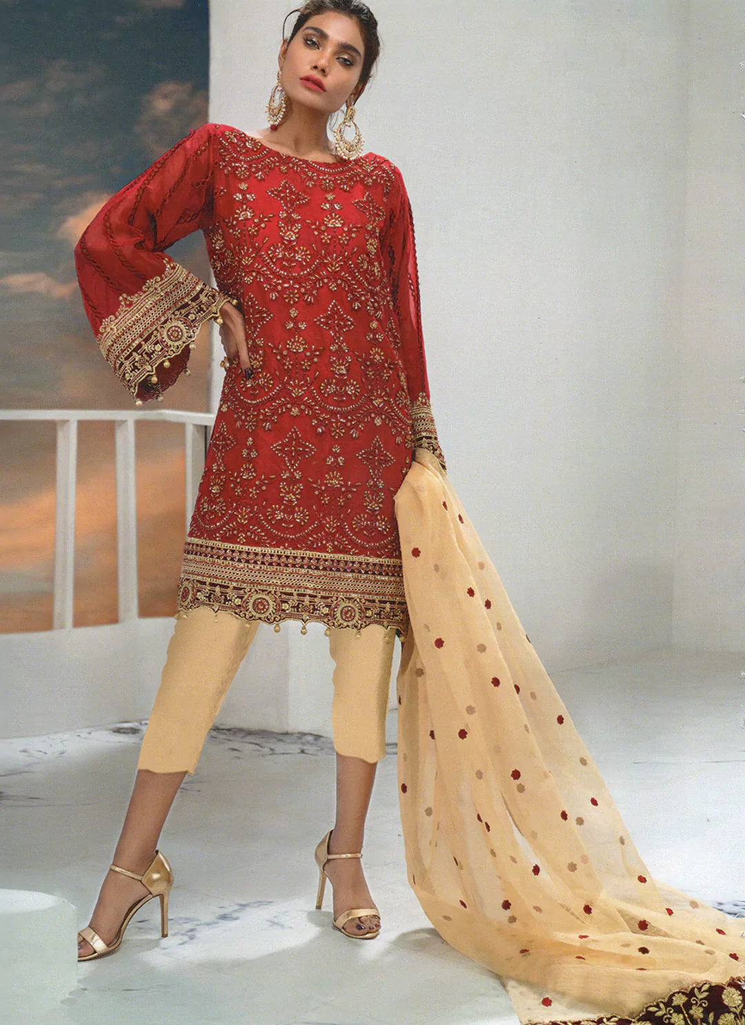 Red Heavy Work Pure Georgette Semi Stitch Pakistani Suit treevesto