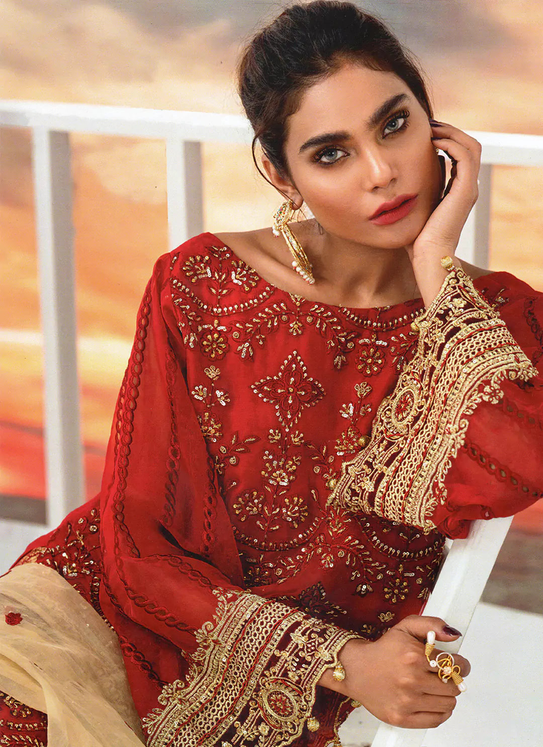 Red Heavy Work Pure Georgette Semi Stitch Pakistani Suit treevesto