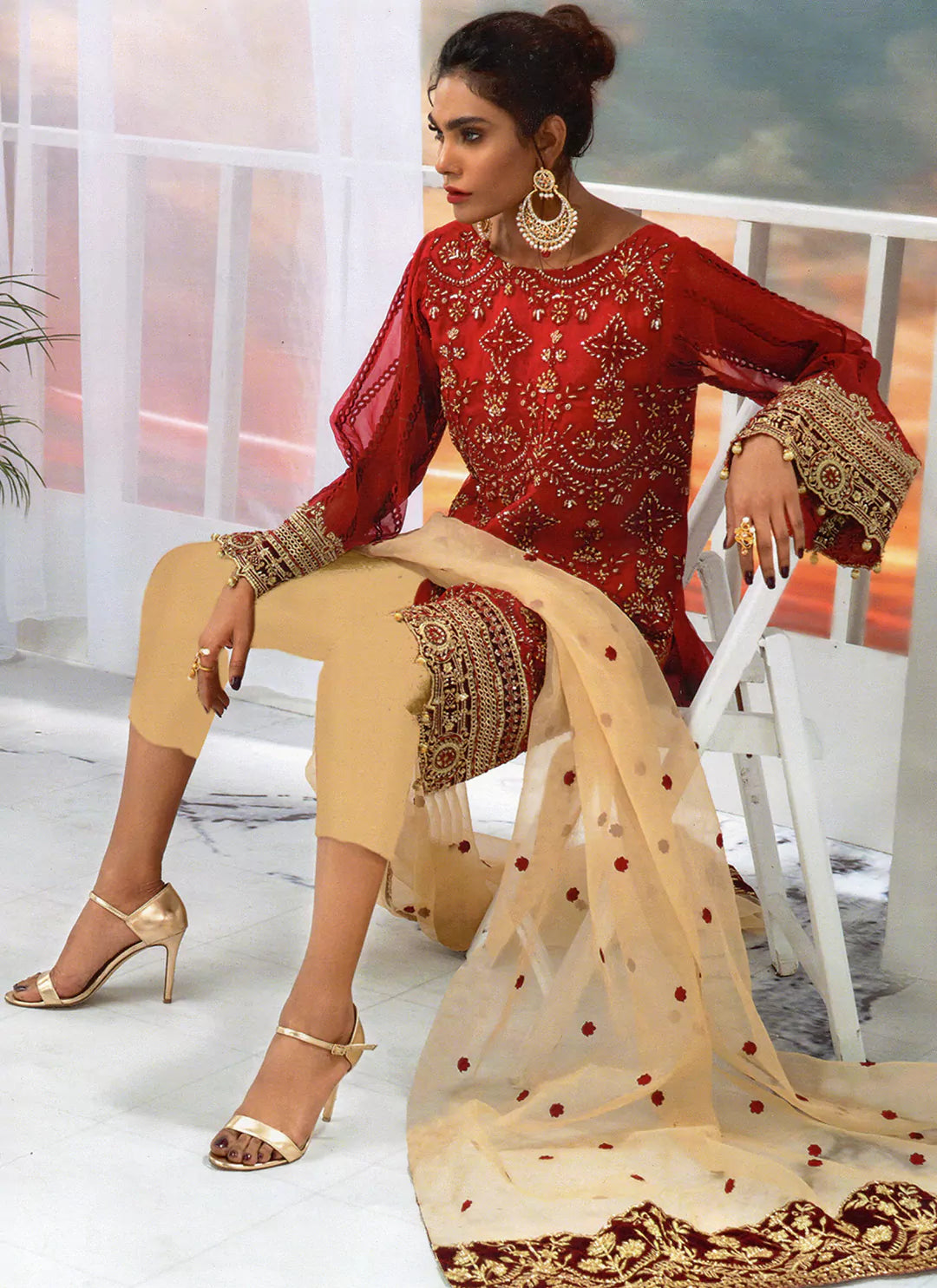 Red Heavy Work Pure Georgette Semi Stitch Pakistani Suit treevesto