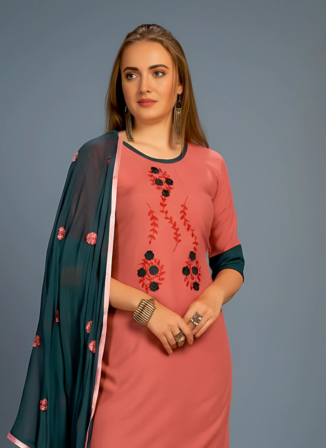 Rose Pink Kurta & Teal Blue Palazzo Suit Set With Dupatta  TREEVESTO