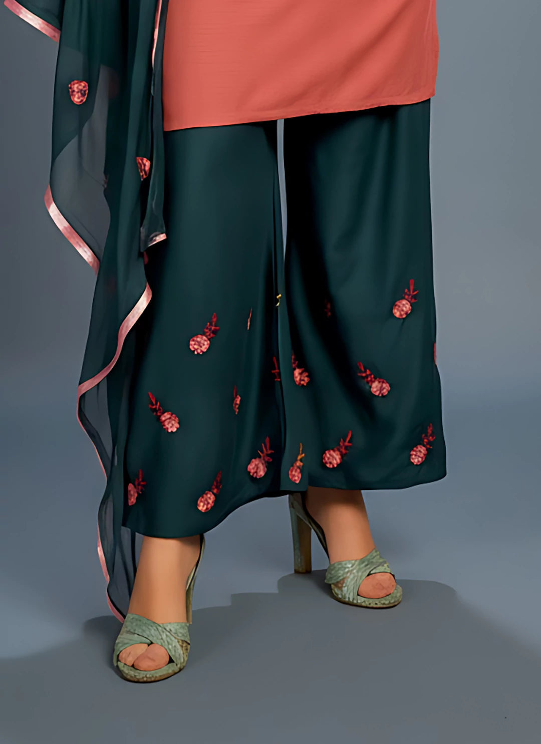 Rose Pink Kurta & Teal Blue Palazzo Suit Set With Dupatta  TREEVESTO
