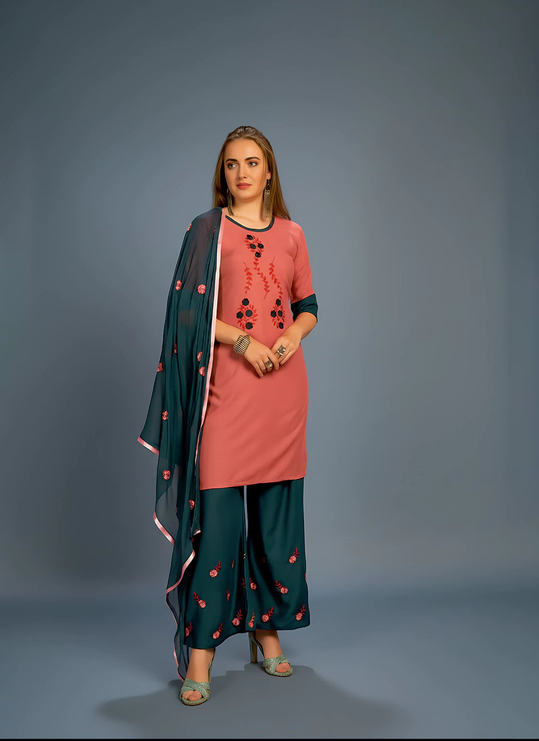 Rose Pink Kurta & Teal Blue Palazzo Suit Set With Dupatta  TREEVESTO