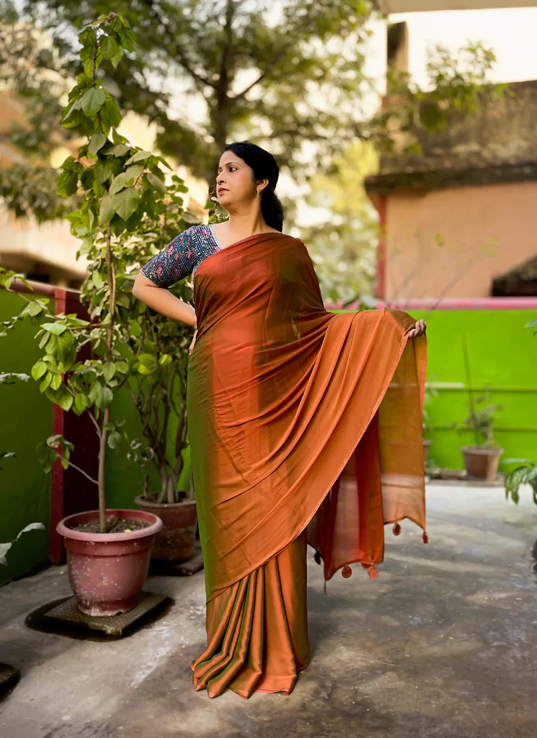Rust Orange Dual Shade Soft Chiffon Silk Saree treevesto