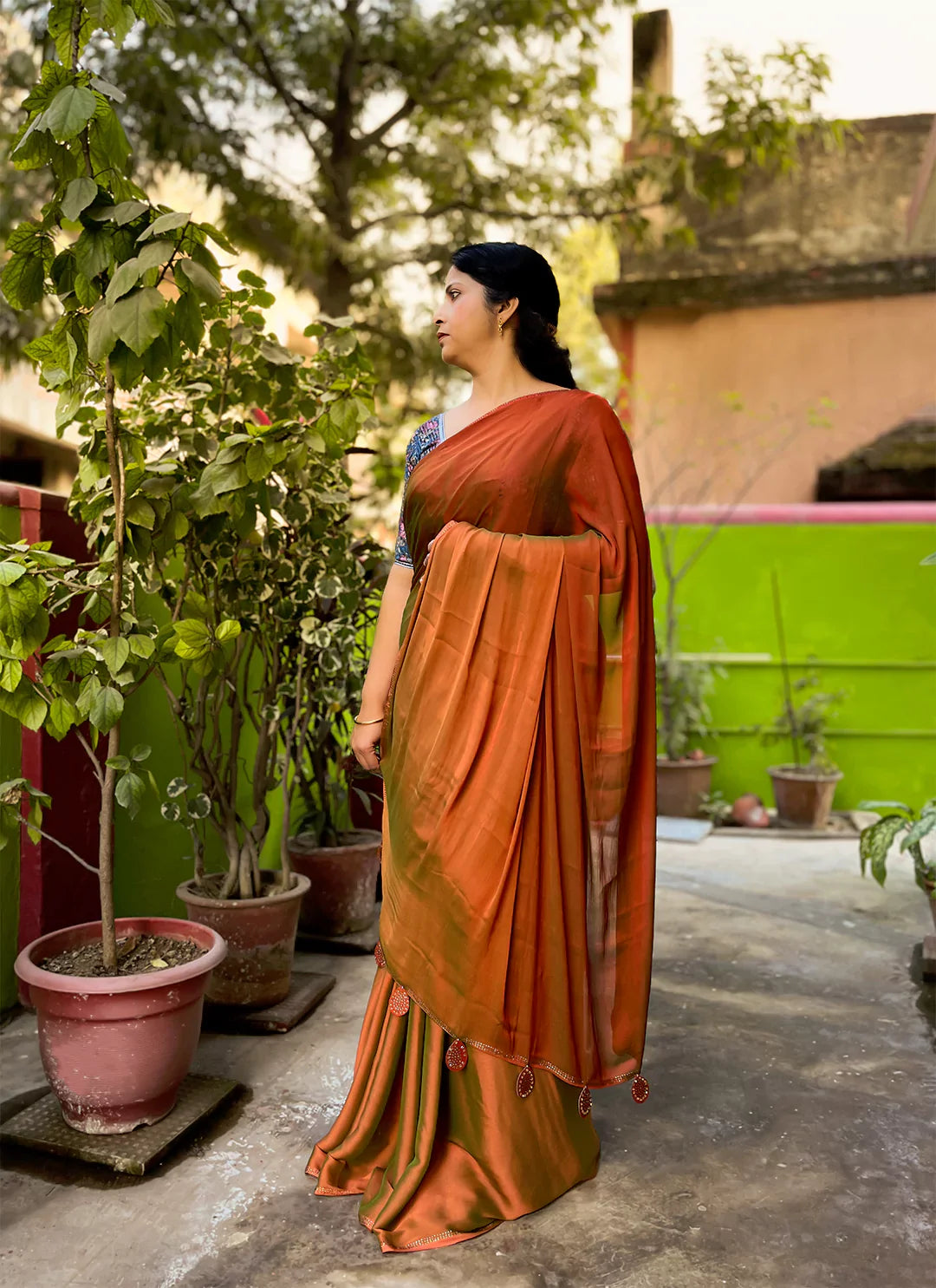 Rust Orange Dual Shade Soft Chiffon Silk Saree treevesto