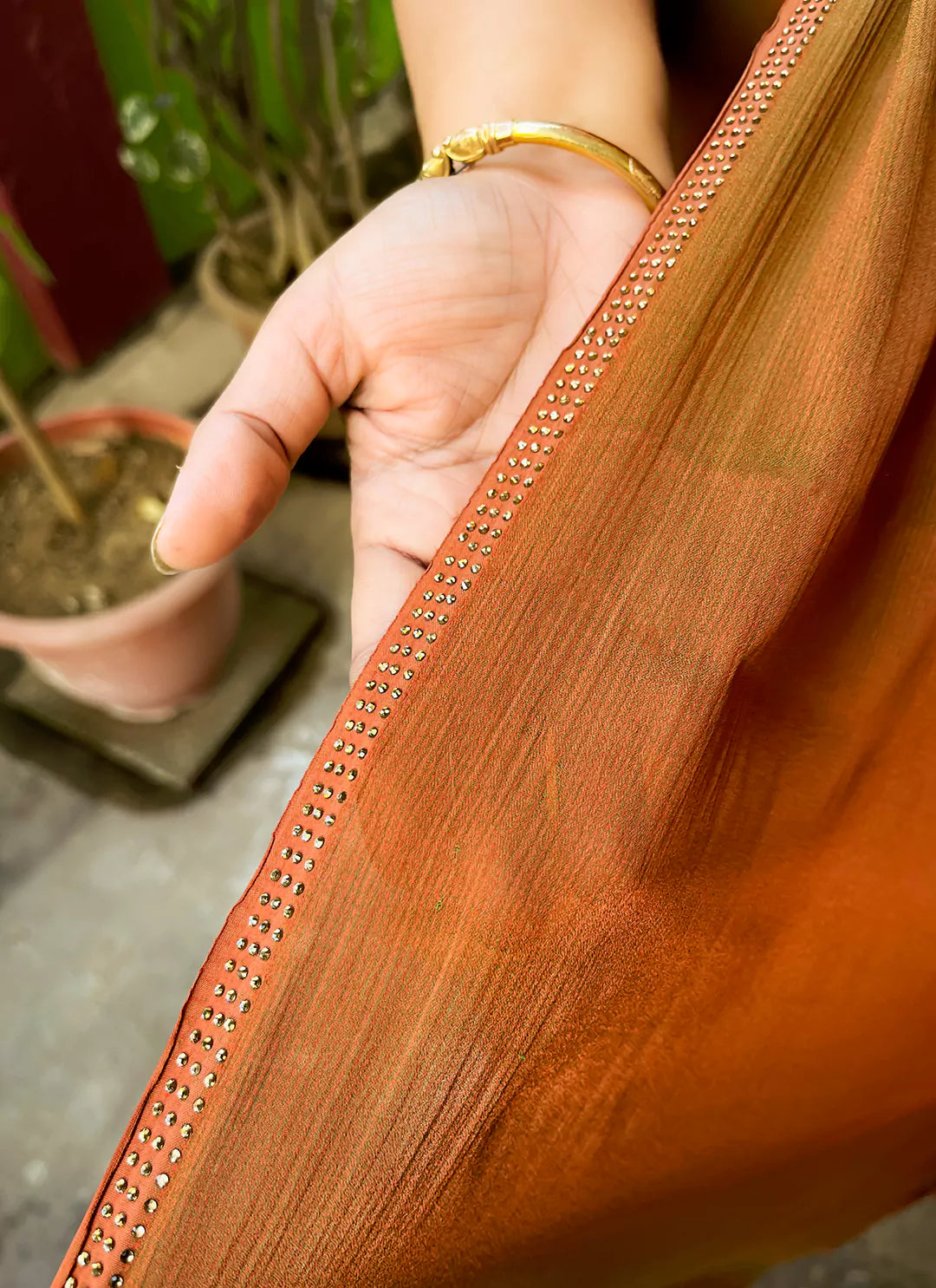 Rust Orange Dual Shade Soft Chiffon Silk Saree treevesto