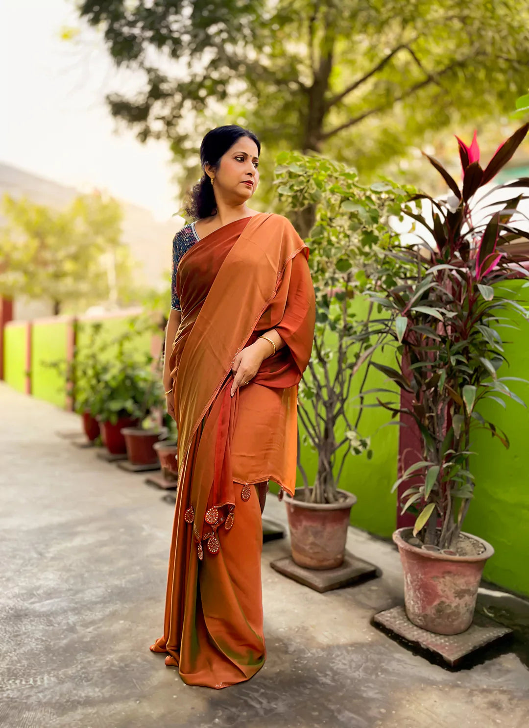 Rust Orange Dual Shade Soft Chiffon Silk Saree treevesto