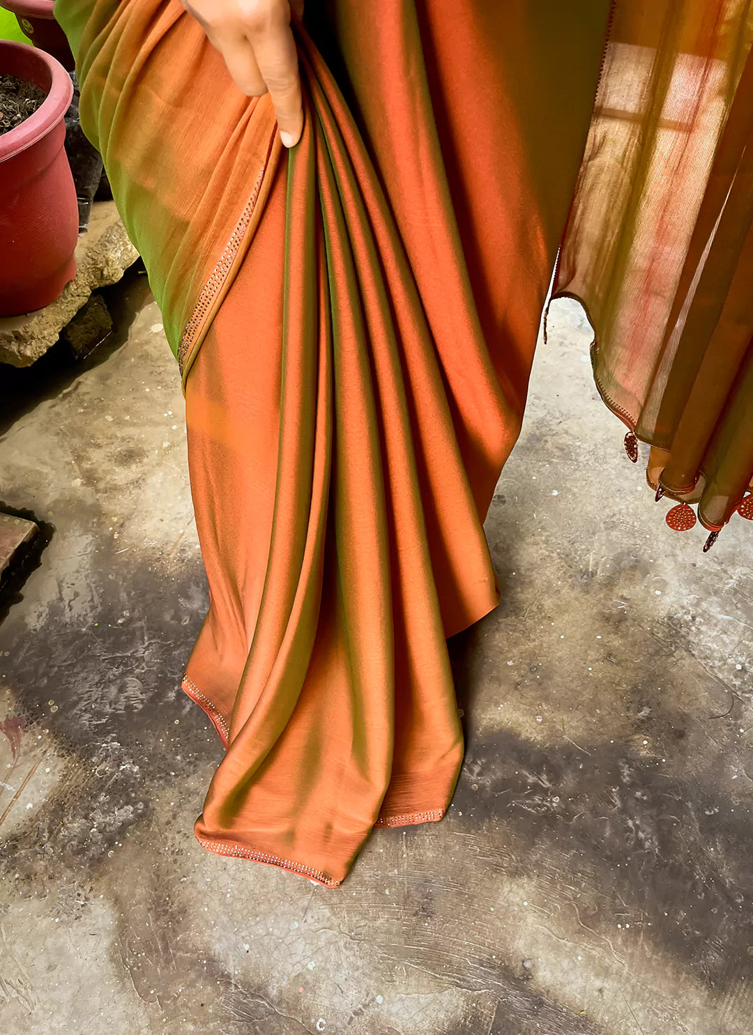 Rust Orange Dual Shade Soft Chiffon Silk Saree treevesto