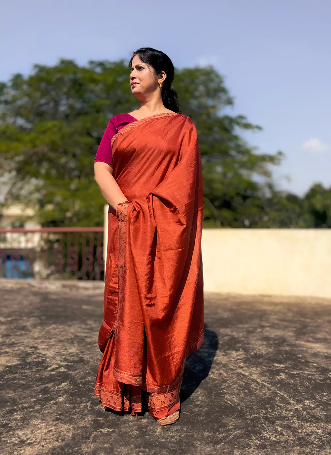 Rust Orange Dola Silk Plain Saree With Border - TREEVESTO