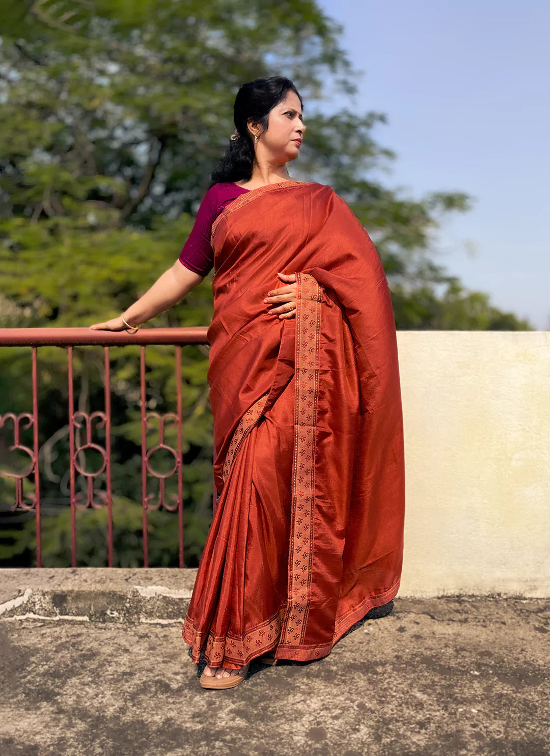 Rust Orange Dola Silk Plain Saree With Border - TREEVESTO