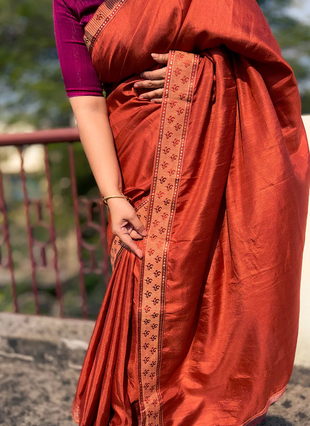 Rust Orange Dola Silk Plain Saree With Border - TREEVESTO