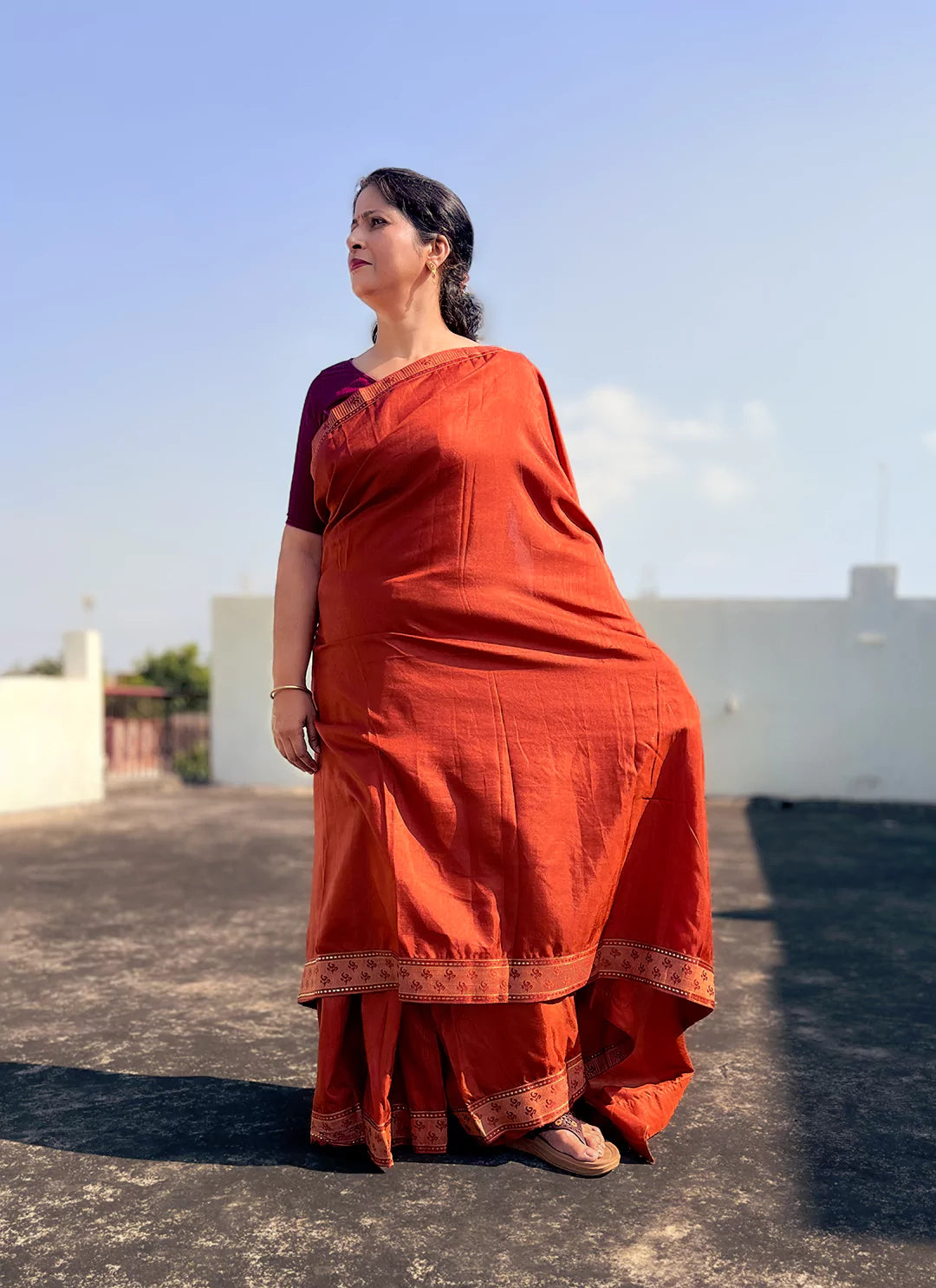 Rust Orange Dola Silk Plain Saree With Border - TREEVESTO