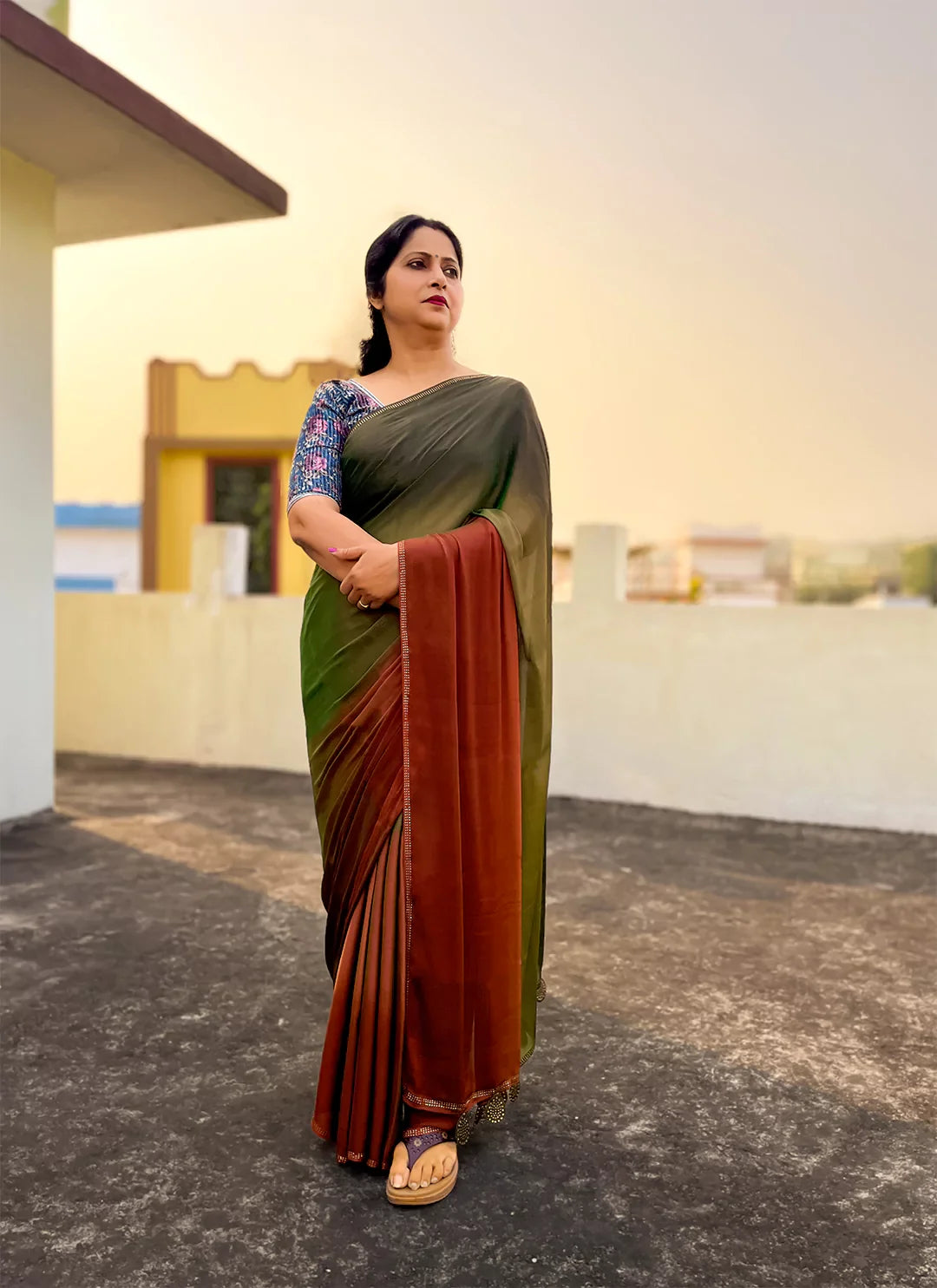 Rust To Green Ombre Dyed Soft Chiffon Silk Saree treevesto